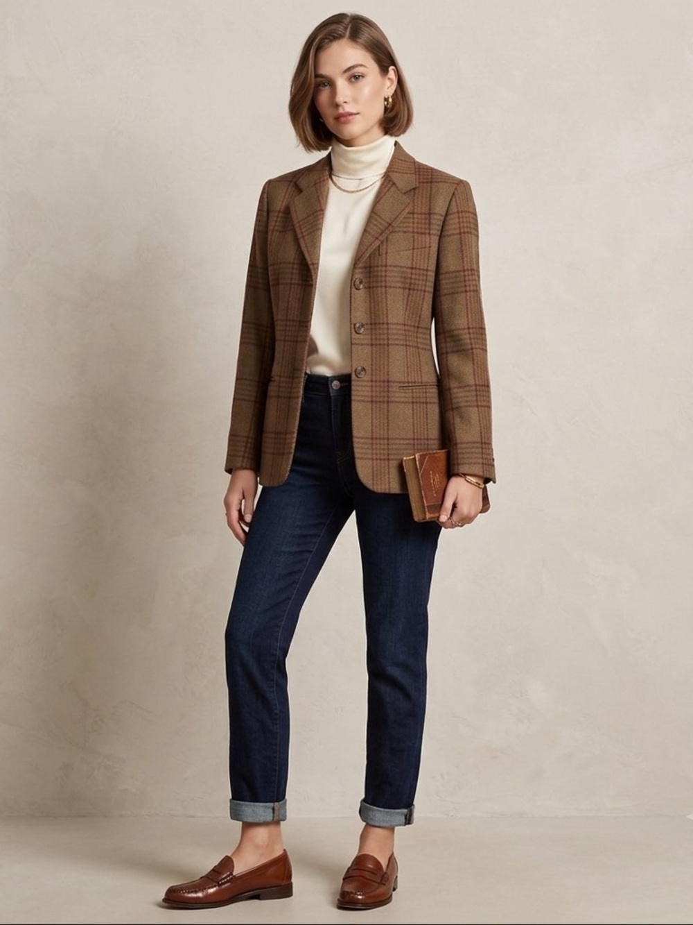 Vintage Evan Picone Brown Wool Plaid Blazer Jacket SZ 8